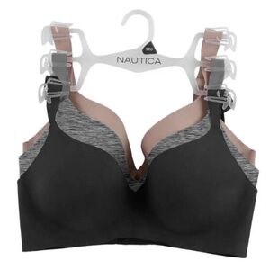 NAUTICA INTIMATES 3 pack Wireless Black Gray Nude Beige Push Up Padded Bras 38D